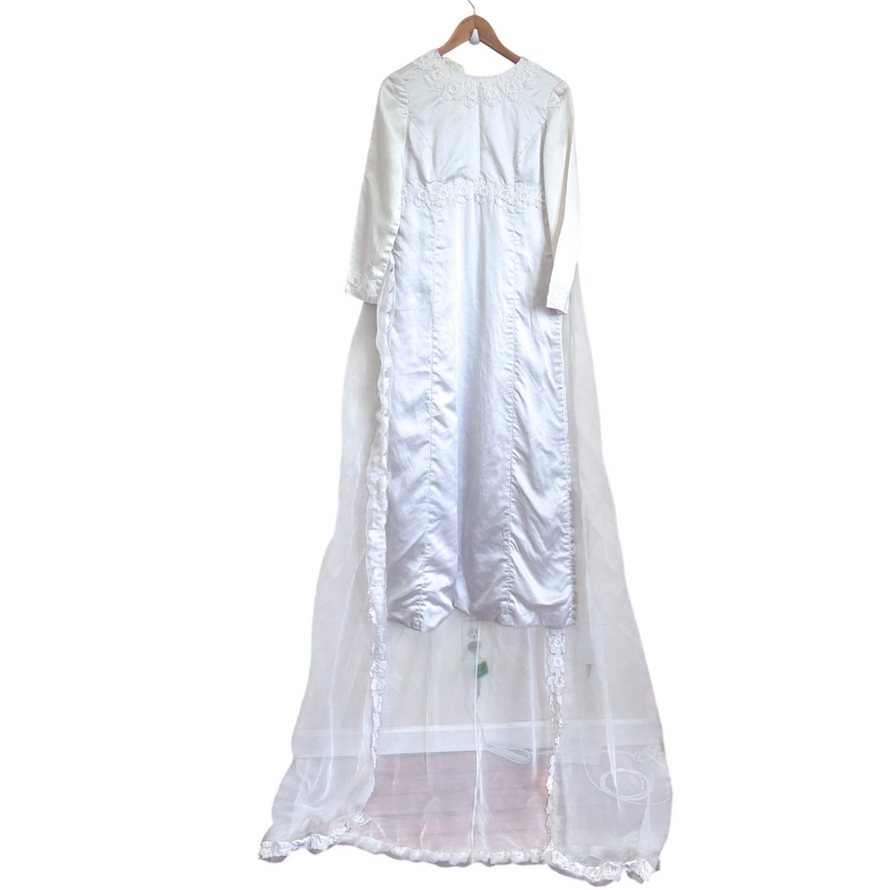 Vintage 60s Floral‎ Lace Wedding Dress Gown Small White Satin Detachable Train